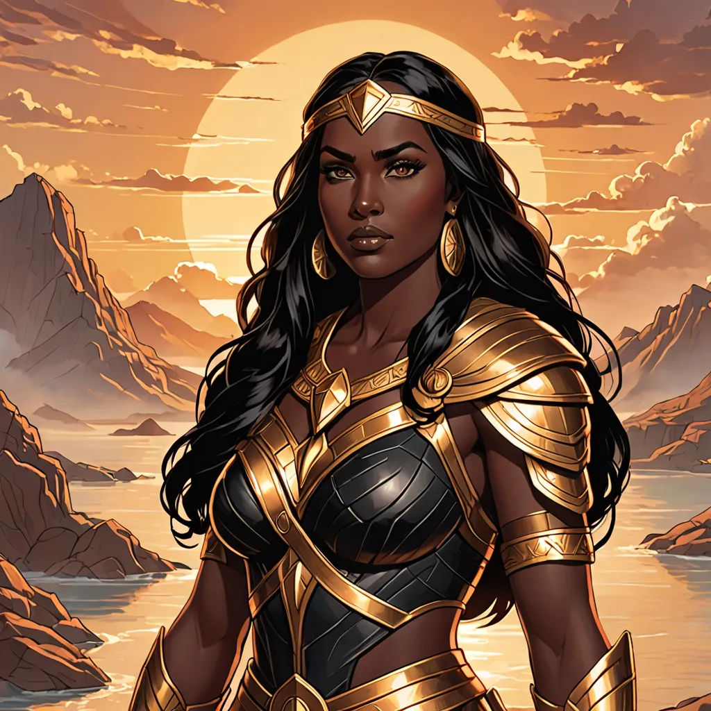 a woman in a costume standing in front of a sunset and mountains with a body of water in the background, afrofuturism, a comic book panel, Artgerm, comic cover art