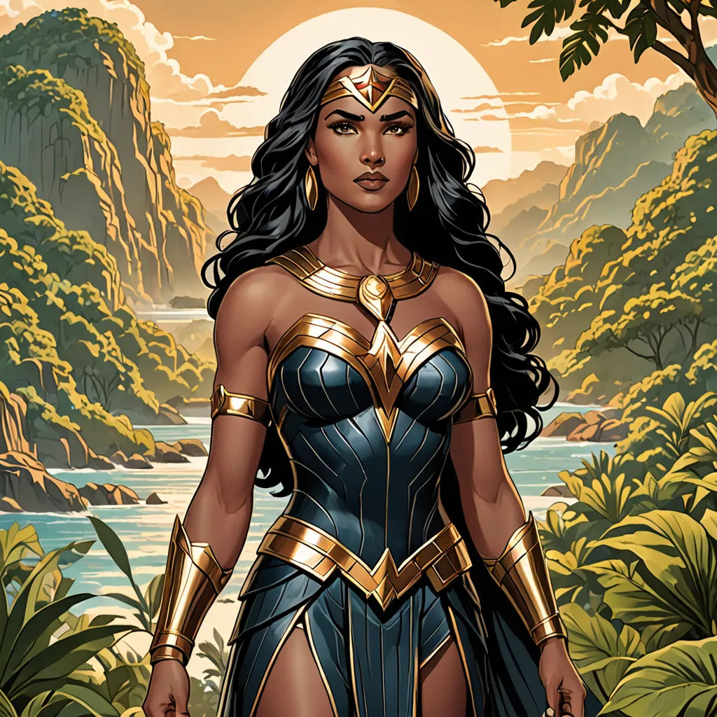 a woman in a wonder wonder costume standing in front of a river and mountains with a sunset in the background, fantasy art, a comic book panel, Artgerm, comic cover art
