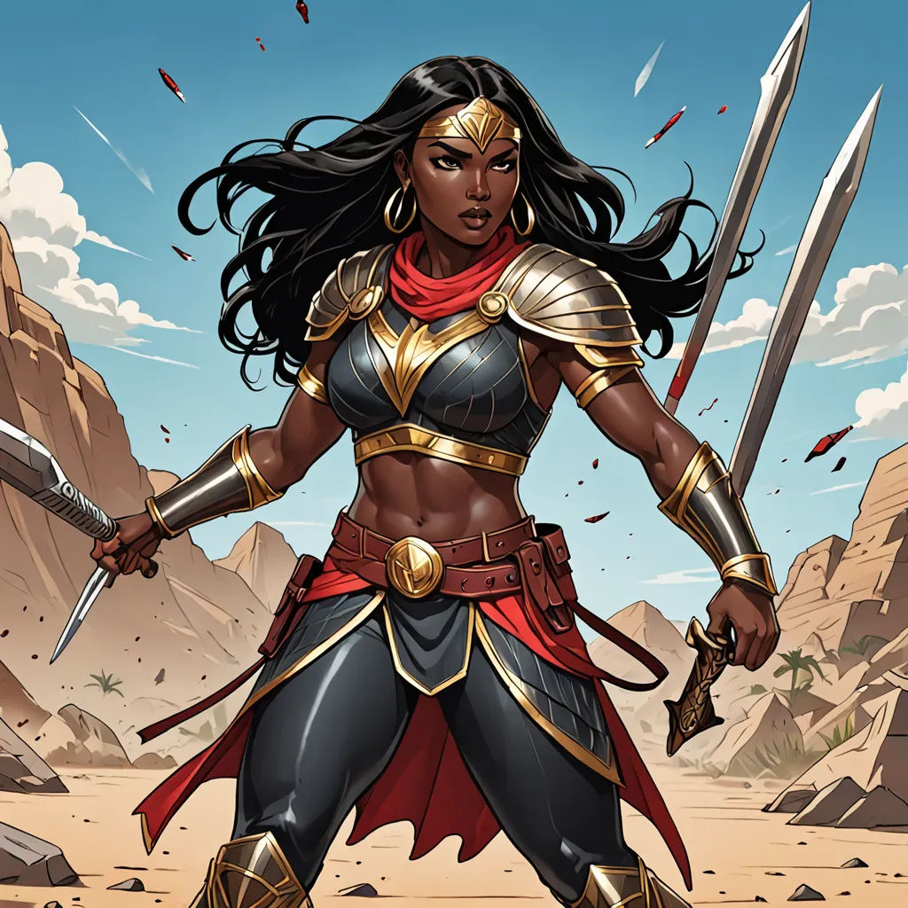 a woman in a costume holding two swords in a desert area with mountains in the background and clouds in the sky, fantasy art, a comic book panel, Chinwe Chukwuogo-Roy, western comic book art