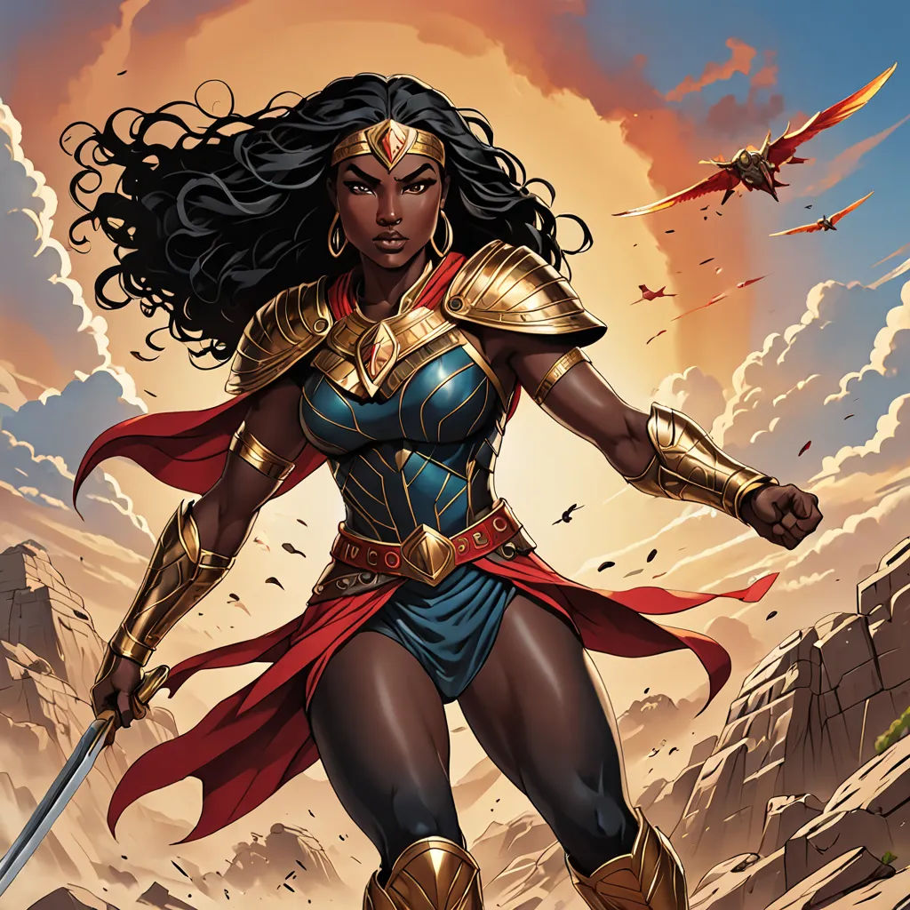a woman in a costume with a sword in her hand and a bird flying in the sky behind her, afrofuturism, a comic book panel, Artgerm, comic cover art