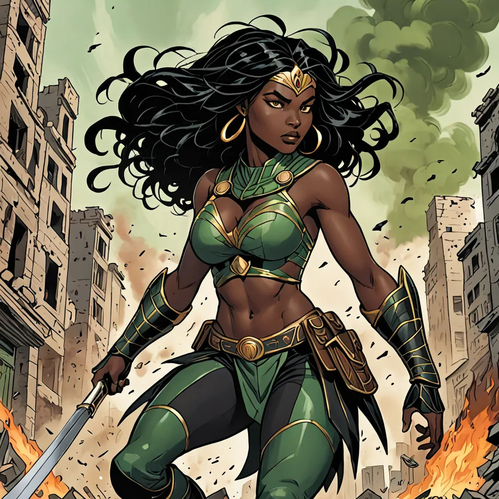 a woman in a green outfit with a sword in her hand and a fire in the background with buildings, afrofuturism, a comic book panel, Andrew Robinson, comic cover art