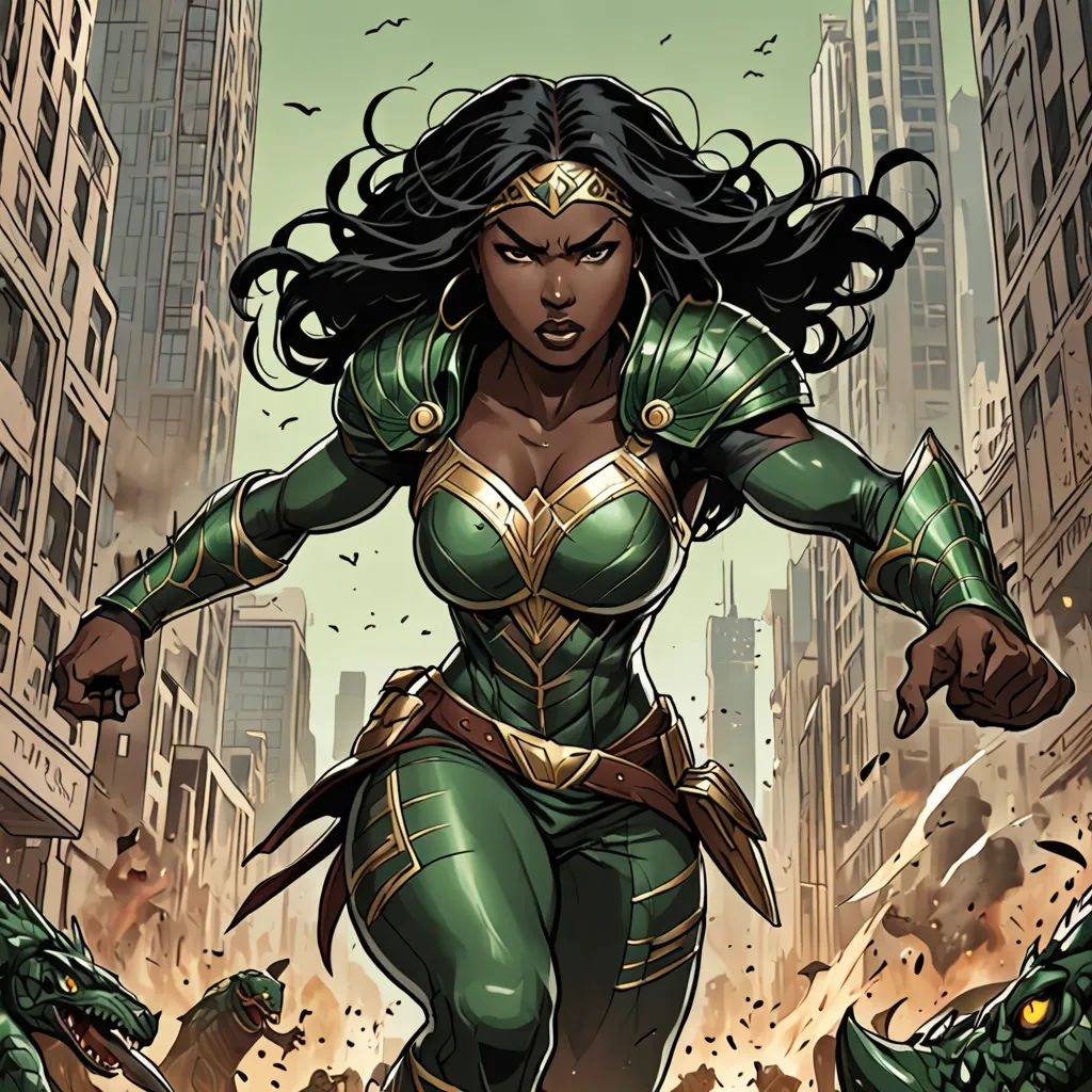 a woman in a green costume running through a city street with a crocodile in her hand and a huge city in the background, afrofuturism, a comic book panel, Donato Giancola, comic cover art