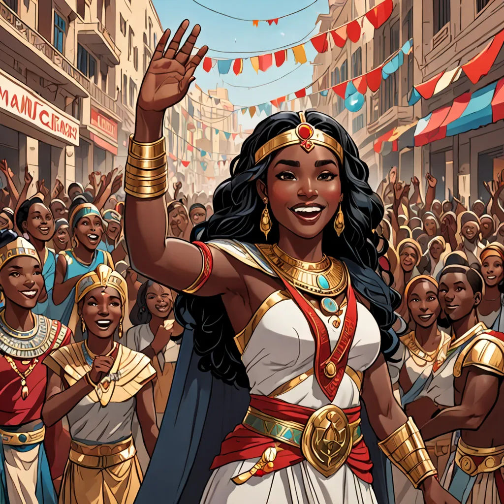 a woman dressed in a costume and holding a sword in front of a crowd of people in a city, afrofuturism, a comic book panel, Asaf Hanuka, comic cover art
