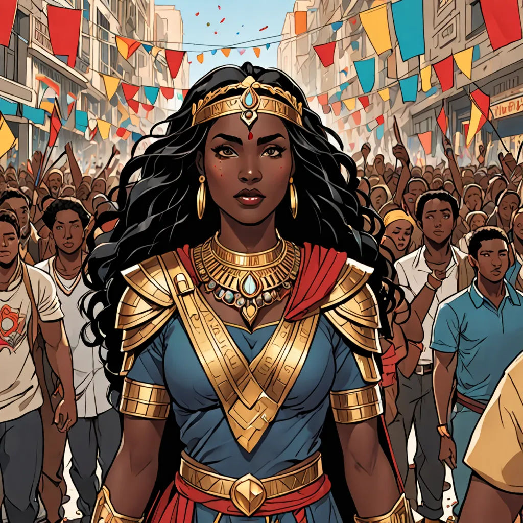 a woman in a costume standing in front of a crowd of people in a city street with flags and bunting, afrofuturism, a comic book panel, Chinwe Chukwuogo-Roy, comic cover art