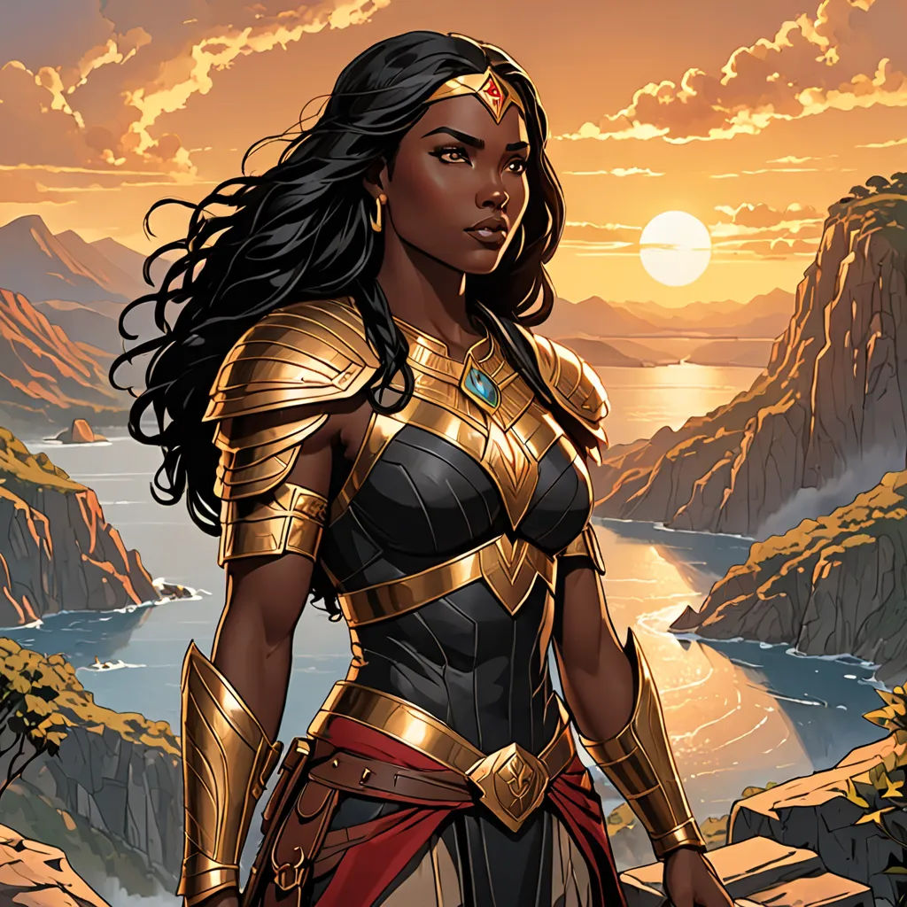 a woman in a costume standing on a cliff overlooking a body of water and mountains with a sunset in the background, fantasy art, a comic book panel, Donato Giancola, magic the gathering artwork