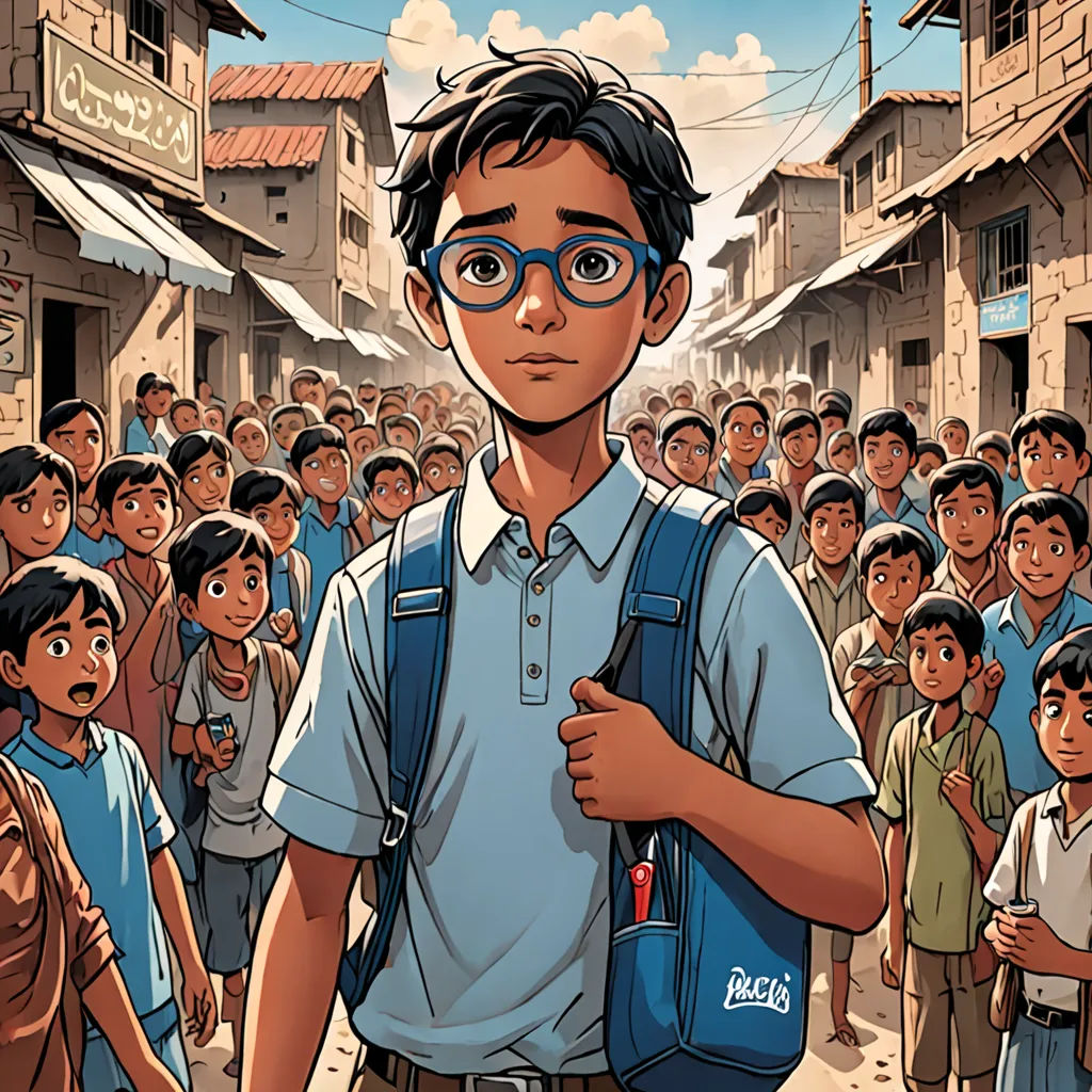 a man with a backpack and glasses standing in front of a crowd of people in a village with buildings, magical realism, a comic book panel, Asaf Hanuka, graphic novel