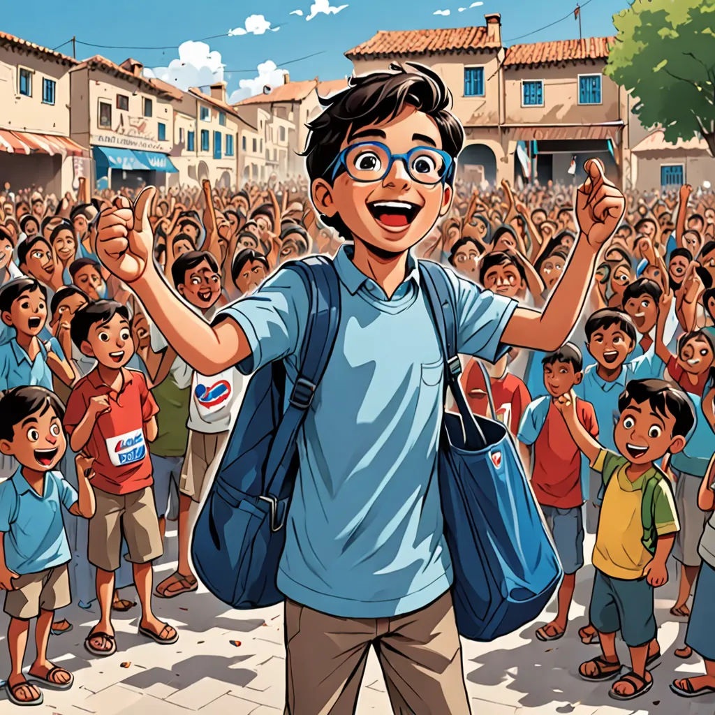 a cartoon of a boy with a backpack and glasses standing in front of a crowd of people with his hands up, samikshavad, a storybook illustration, Asaf Hanuka, yukito kishiro