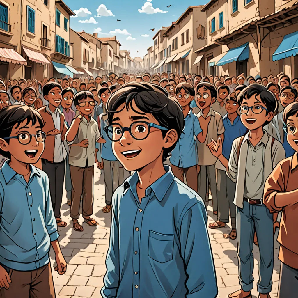 a cartoon of a boy in front of a crowd of people in a street with buildings and a sky background, samikshavad, a comic book panel, Asaf Hanuka, graphic novel