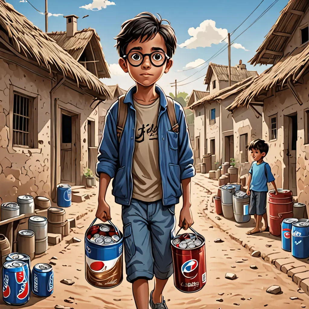 a boy carrying two cans of soda in a village street with a boy standing next to him and another boy standing behind him, hyperrealism, a storybook illustration, Amir Zand, highly detailed digital painting