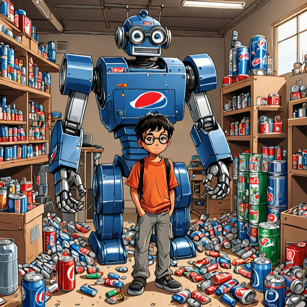 a boy standing in front of a robot in a store filled with cans of sodas and cans of soda, photorealism, a pop art painting, Asaf Hanuka, yukito kishiro