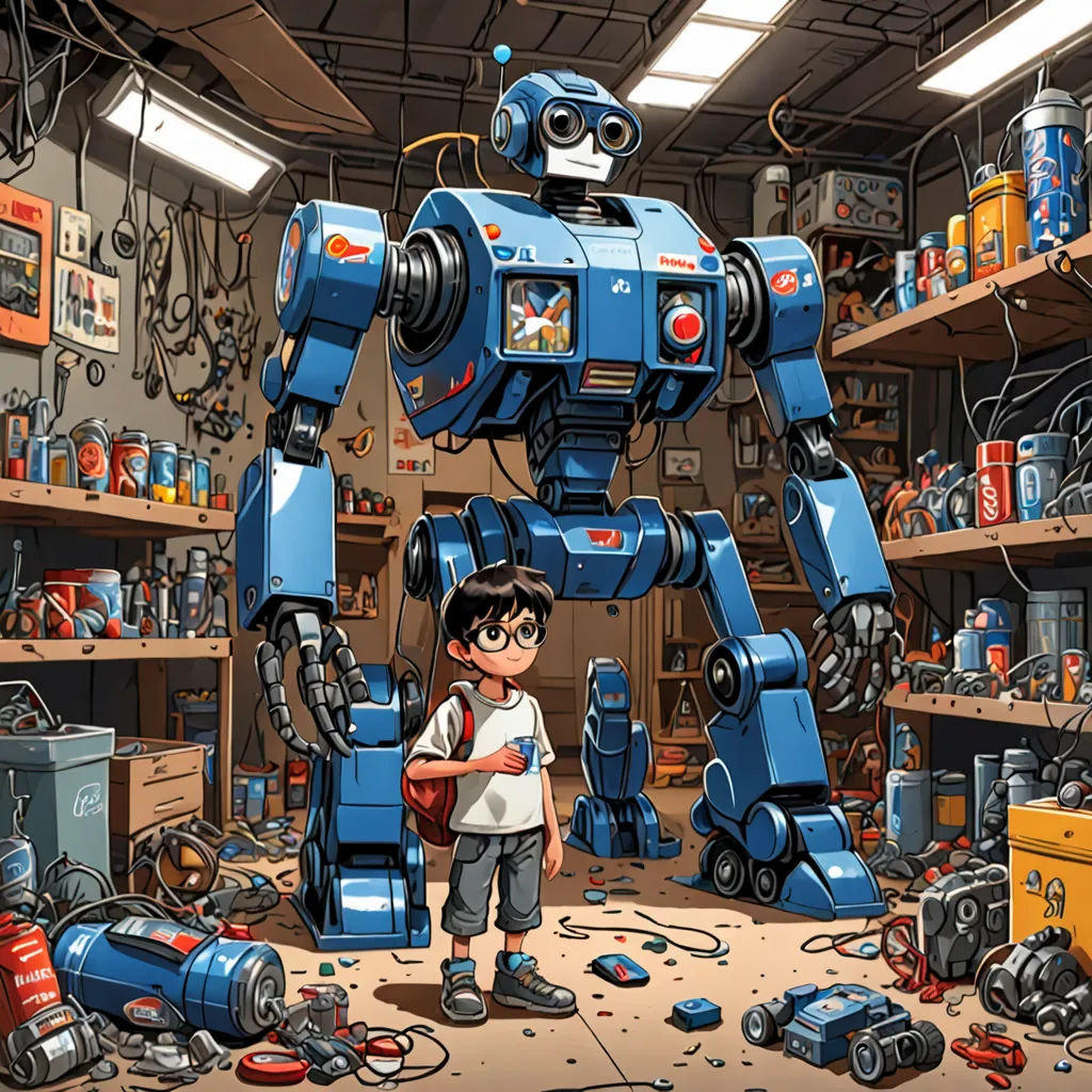 a boy standing in front of a blue robot in a garage filled with tools and other items, with a large blue robot in the background, auto-destructive art, a storybook illustration, Diego Gisbert Llorens, josan gonzales and dan mumford