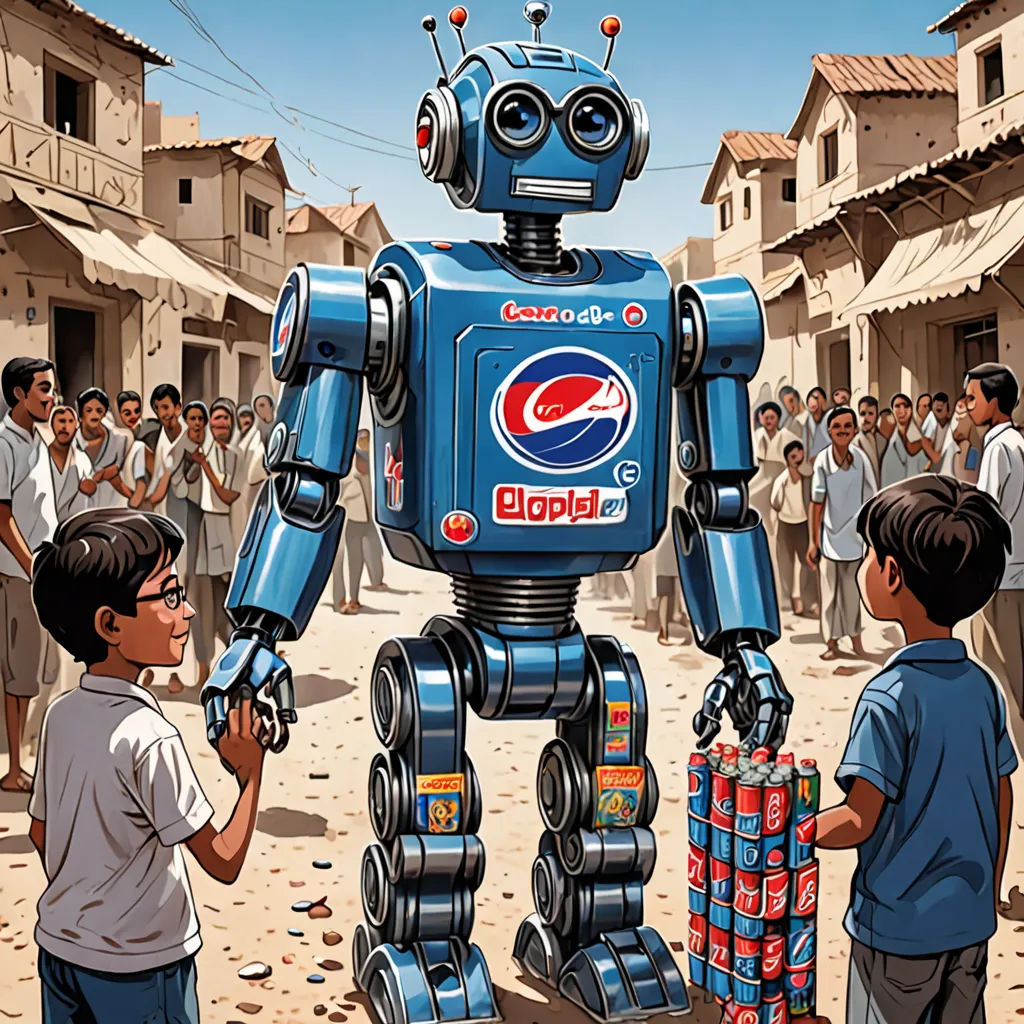 a boy standing next to a robot with pepsi cans in front of him and a group of people standing around, les automatistes, a storybook illustration, Enki Bilal, dystopian art