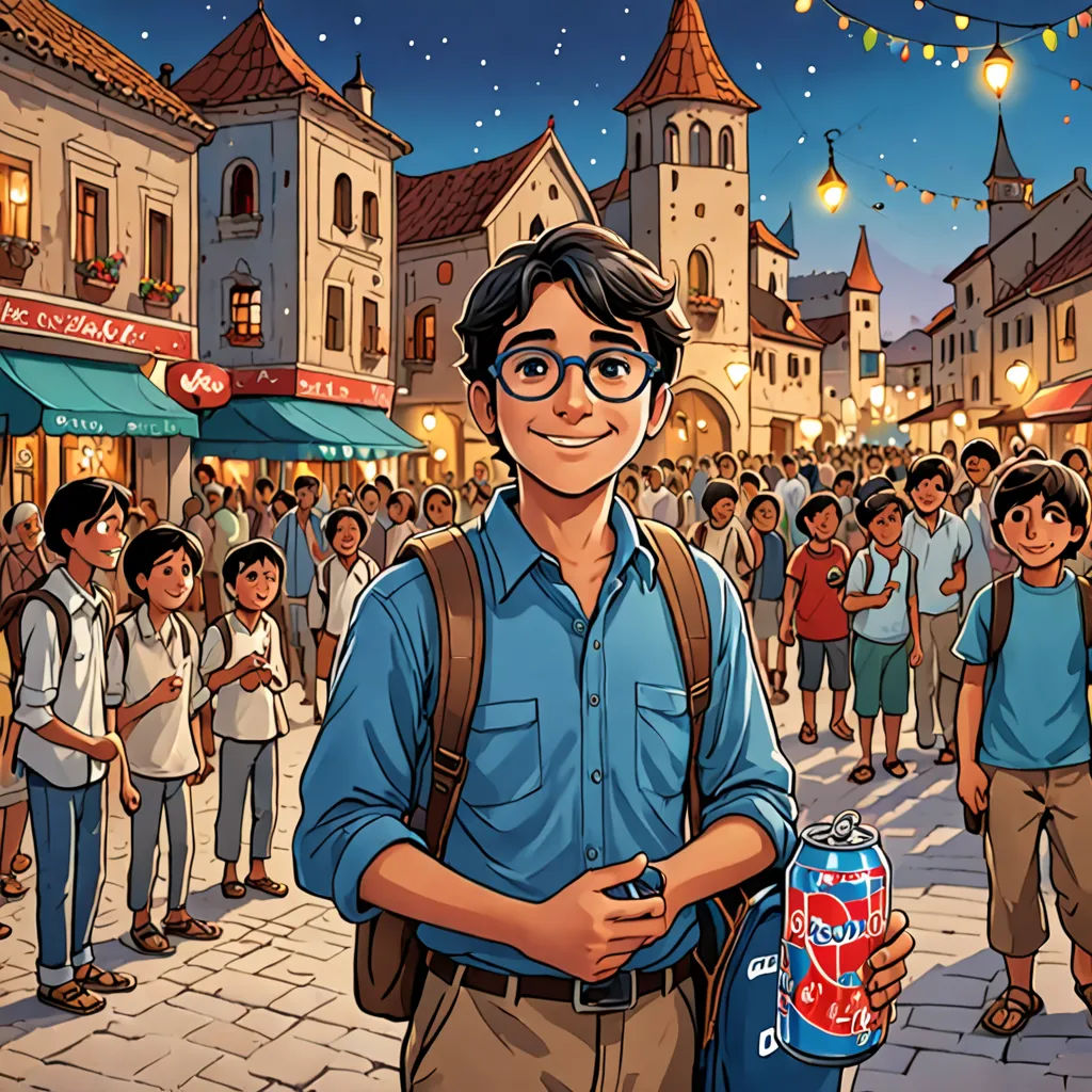 a man holding a can of soda in front of a crowd of people on a street at night time, magical realism, a storybook illustration, Asaf Hanuka, official art