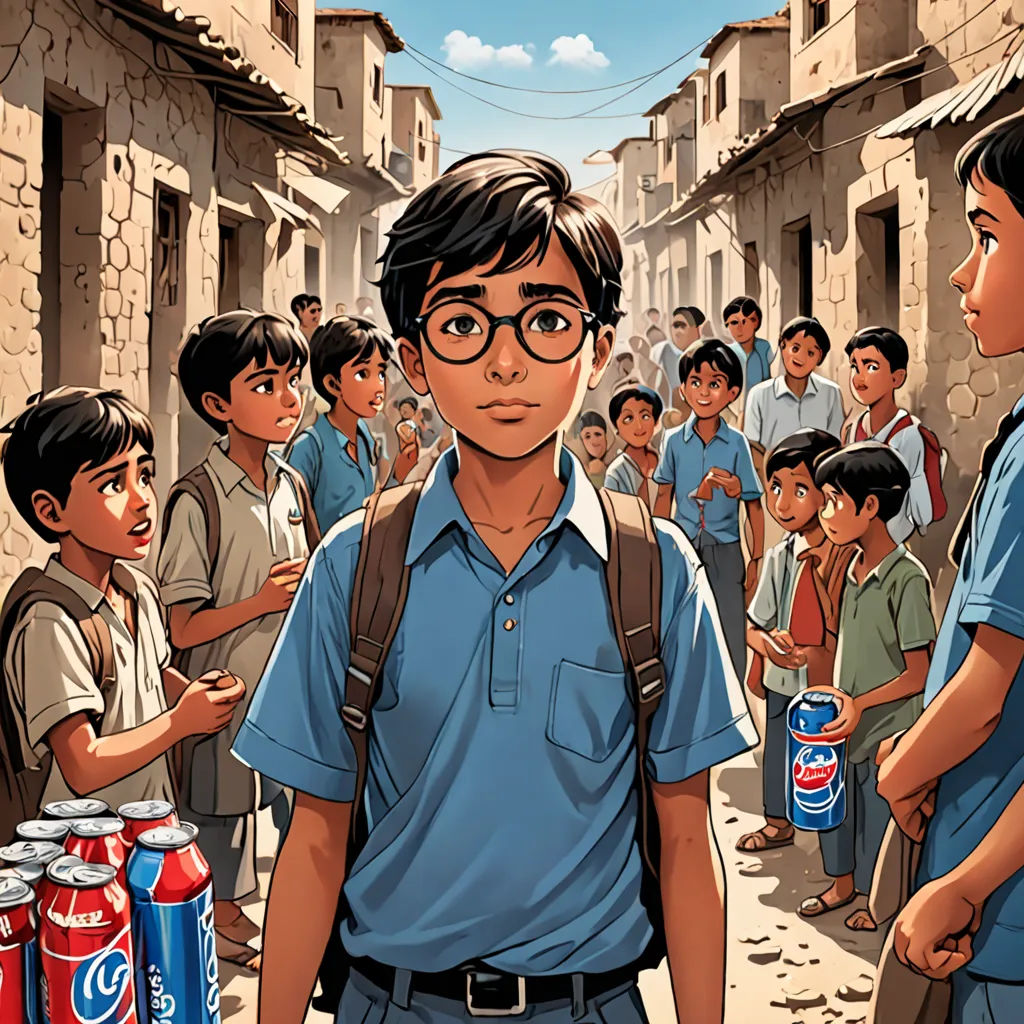 a boy in a blue shirt and glasses standing in front of a group of boys with cans of soda, serial art, a comic book panel, Asaf Hanuka, graphic novel