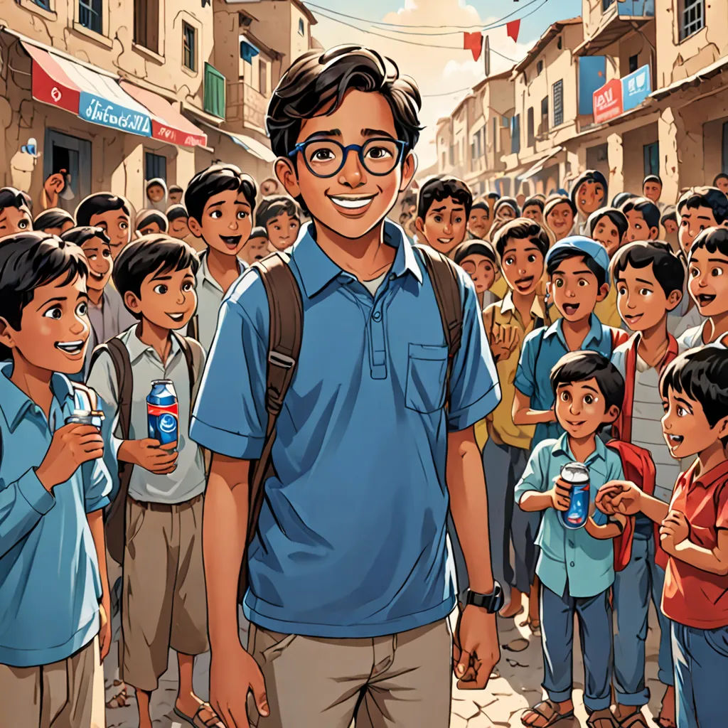 a man standing in front of a crowd of people with a soda in his hand and a smiling man in the middle, samikshavad, a comic book panel, Asaf Hanuka, graphic novel