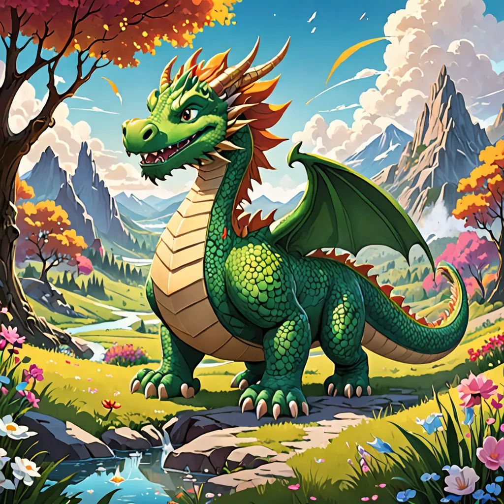 a green dragon sitting on a rock in a field of flowers and trees with a mountain in the background, a storybook illustration, dragon art, fantasy art, Chris LaBrooy