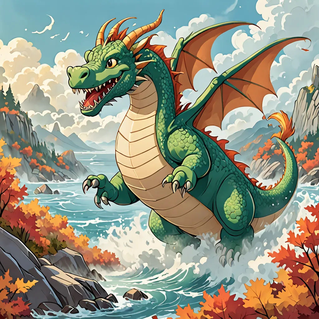 a cartoon dragon is riding on a wave in the water with a mountain in the background and trees in the foreground, a storybook illustration, dragon art, fantasy art, Chris LaBrooy