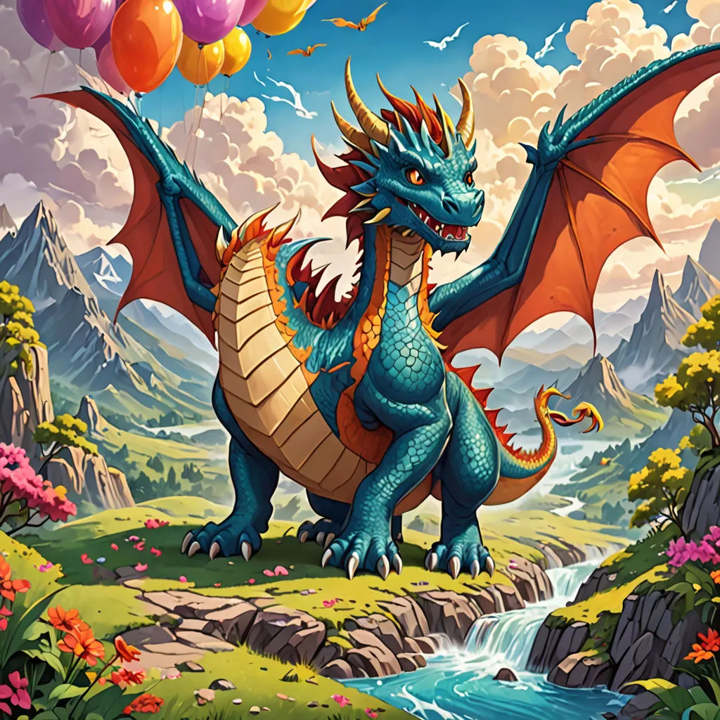 a dragon with balloons in the sky near a stream of water and mountains in the background is a mountain range, a storybook illustration, dragon art, fantasy art, Chris LaBrooy