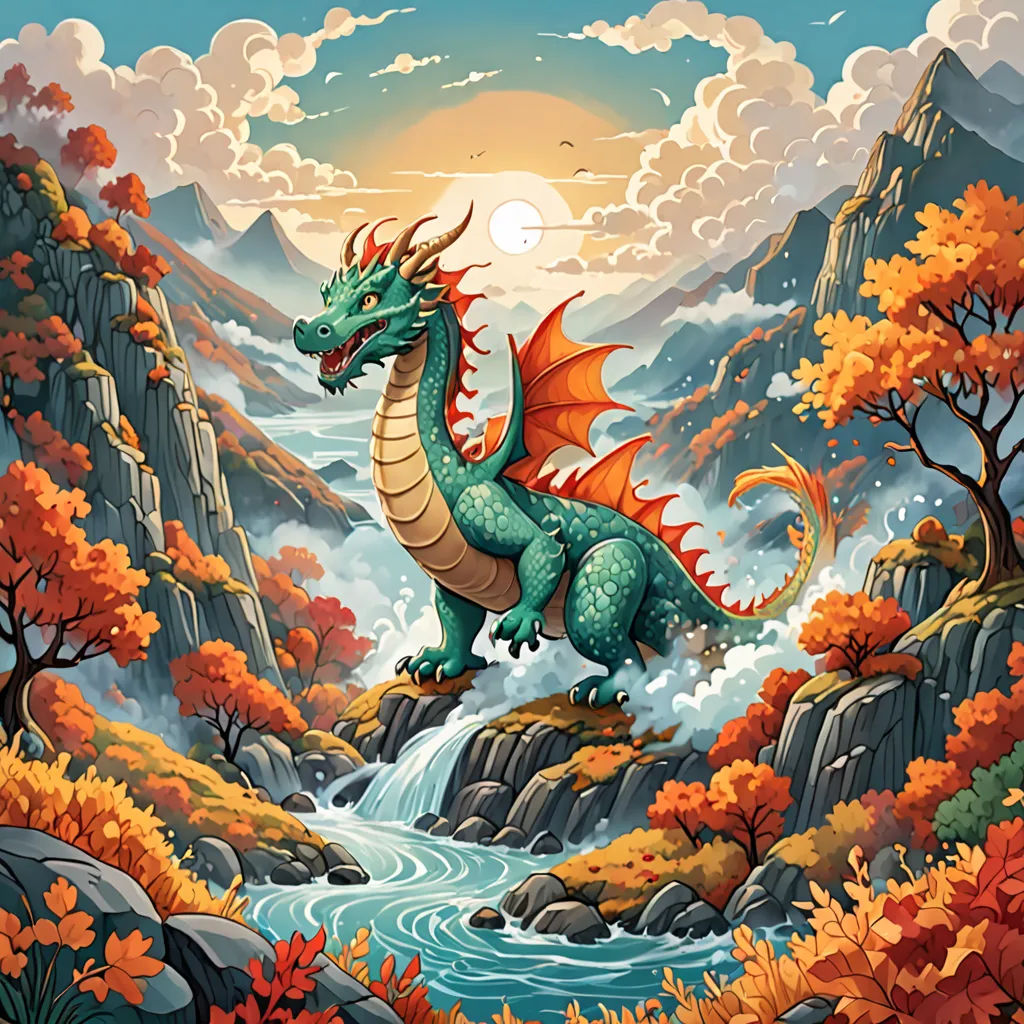 a dragon is standing on a rock above a river and mountains with trees and leaves in the foreground, a storybook illustration, dragon art, fantasy art, Dan Mumford