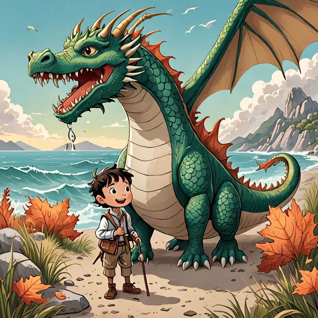 a boy and a dragon in a cartoon scene with a boy and a dragon in the background, and a mountain in the background, a storybook illustration, storybook illustration, fantasy art, Diego Gisbert Llorens