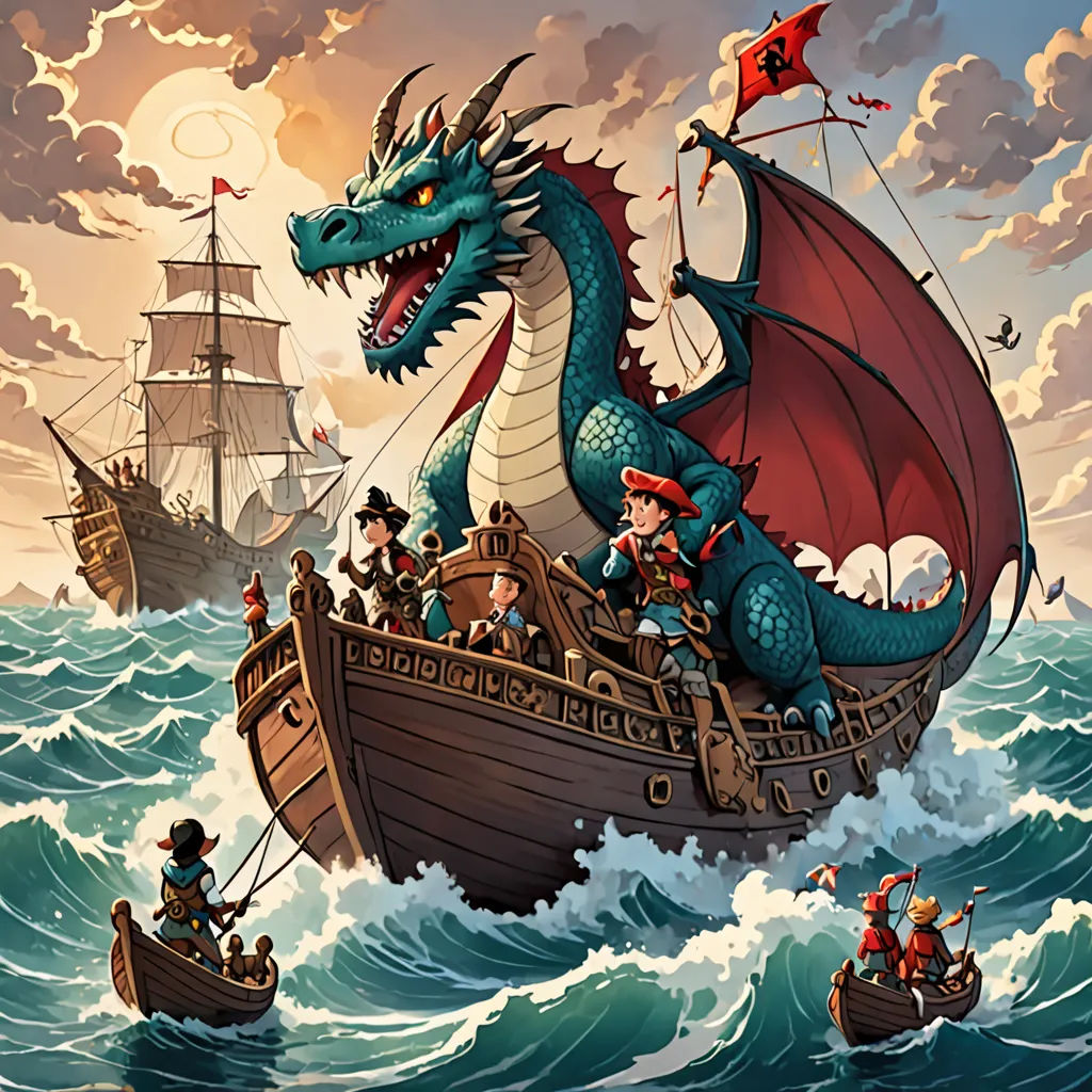 a dragon is riding on a boat in the ocean with other people in it and a ship in the background, a storybook illustration, dragon art, fantasy art, Diego Gisbert Llorens