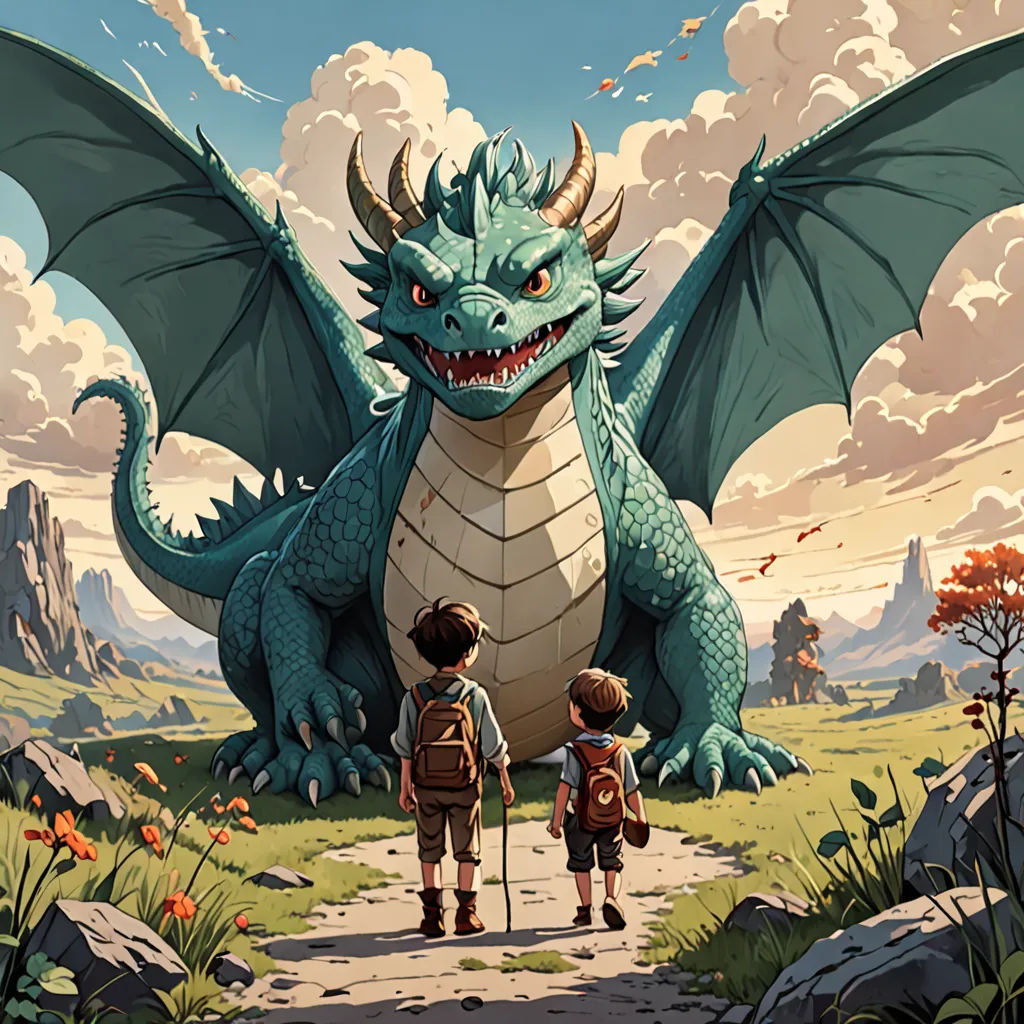 a boy and a boy are standing in front of a dragon with a backpack on a path to a mountain, a storybook illustration, rossdraws global illumination, fantasy art, Diego Gisbert Llorens