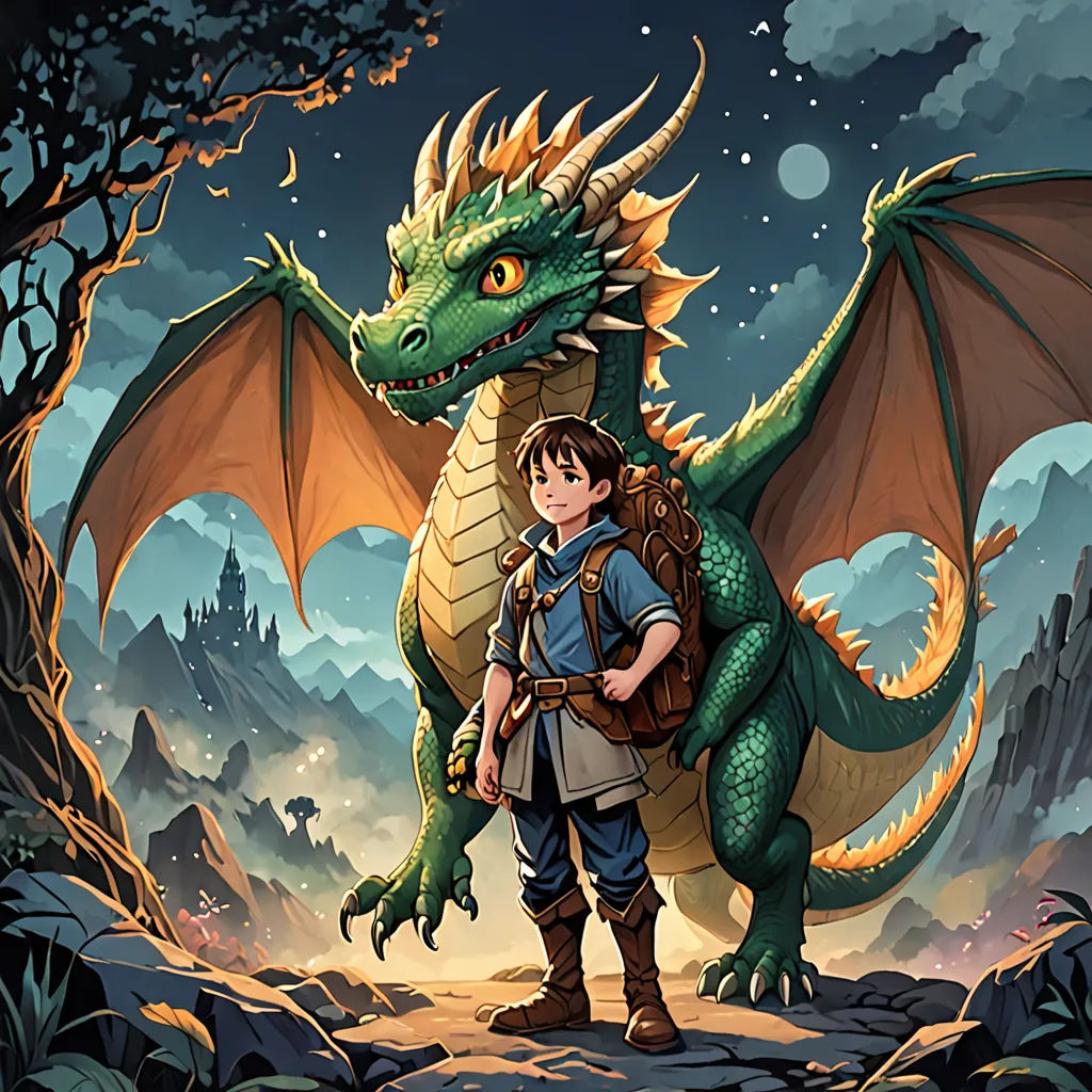 a boy and a dragon in a forest with a sky background and stars in the sky above him, and a full moon in the background, a storybook illustration, official art, sots art, Diego Gisbert Llorens