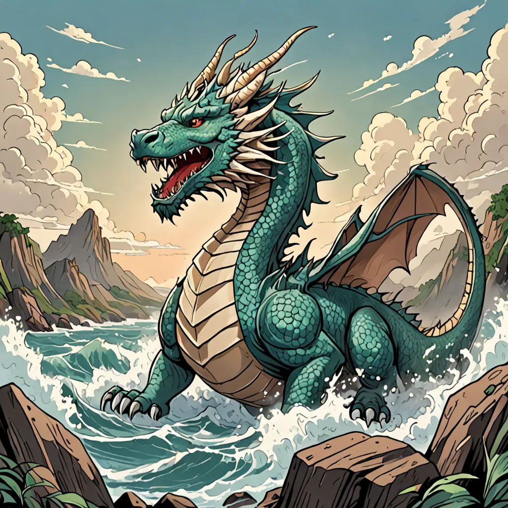 a dragon is standing on a rock in the water with a mountain in the background and clouds in the sky, a comic book panel, dragon art, fantasy art, Dan Mumford