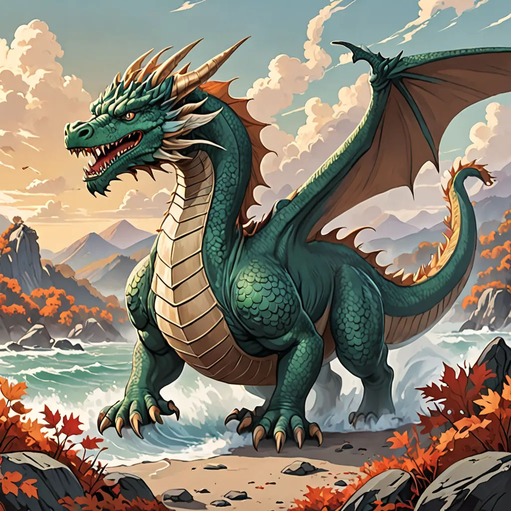 a green dragon standing on a rocky beach next to a body of water with a mountain in the background, a storybook illustration, dragon art, fantasy art, Chris LaBrooy