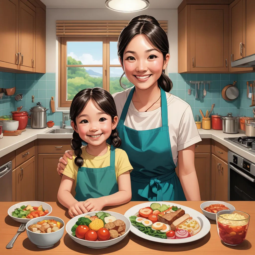 a woman and a child are standing in front of a table with plates of food on it and a bowl of fruit, photorealism, a storybook illustration, Byeon Sang-byeok, ultra realistic illustration