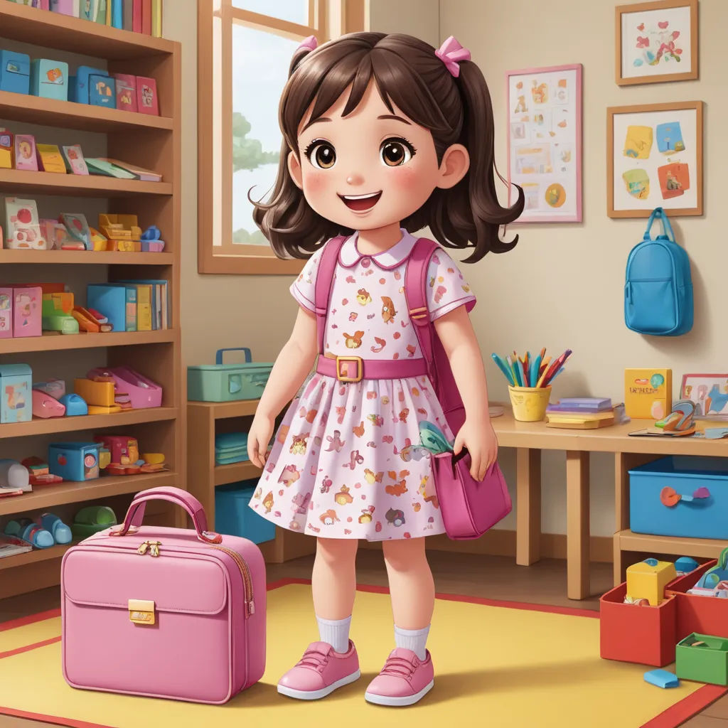 a cartoon girl with a pink suitcase in a room with toys and a bookcase on the floor and a pink backpack, photorealism, a storybook illustration, Clarice Beckett, promotional image