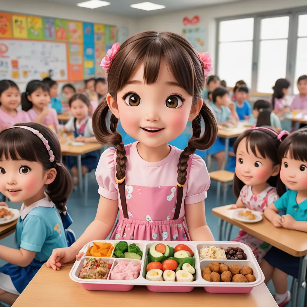 a group of children sitting at desks with trays of food in front of them and a smiling girl in the middle, les automatistes, a stock photo, Ai-Mitsu, kawaii