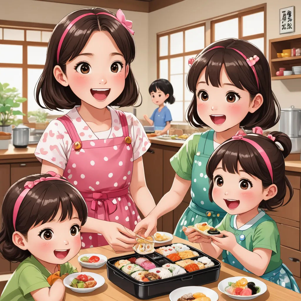 a family of three eating sushi in a kitchen together, with a child standing at the table and a woman standing at the table, nuclear art, a stock photo, Ai-Mitsu, official art