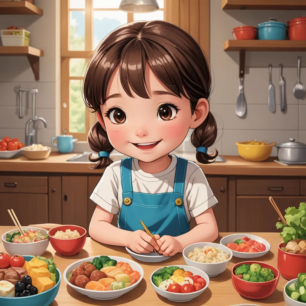 a little girl sitting at a table with bowls of food in front of her and a bowl of fruit, photorealism, a storybook illustration, Byeon Sang-byeok, cgstudio