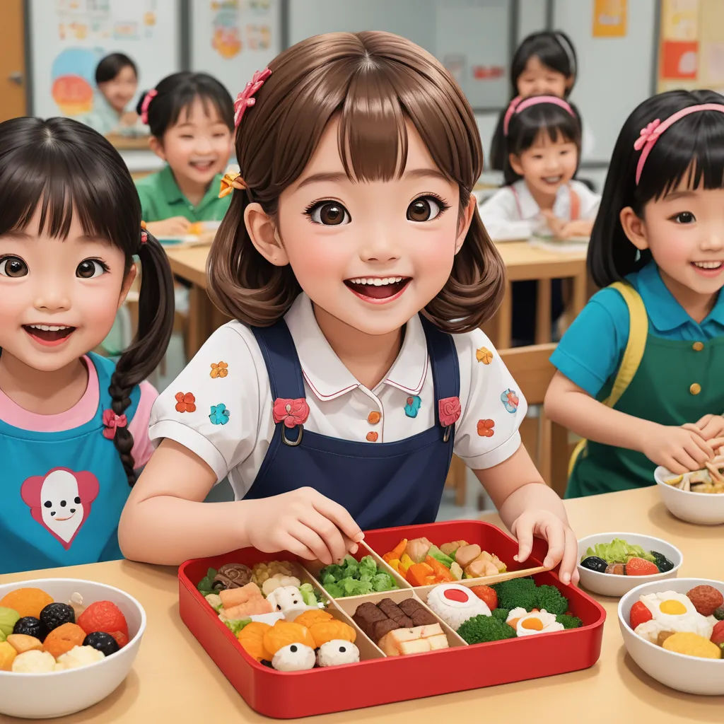 a group of children sitting at a table eating food together in a classroom with bowls of vegetables and fruit, photorealism, a photorealistic painting, Ai-Mitsu, cgstudio