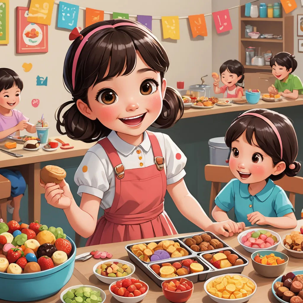 a girl and a boy are eating at a table with bowls of food and plates of fruit and pastries, american scene painting, a storybook illustration, Chen Hong, cgstudio