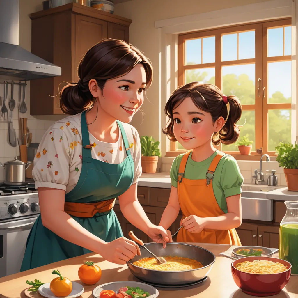 a painting of a mother and daughter cooking together in the kitchen together, with a window in the background, american scene painting, a storybook illustration, Alejandro Burdisio, trending on art station