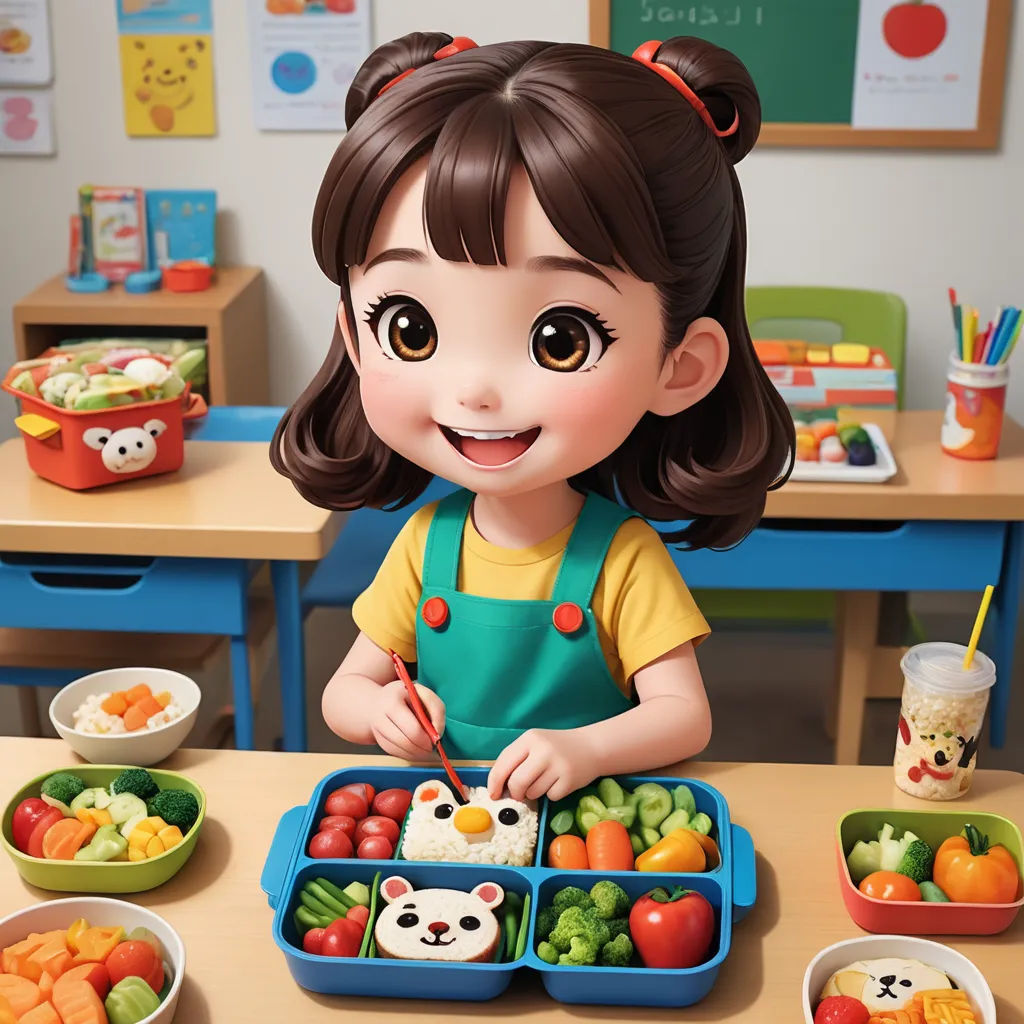 a little girl sitting at a table with a tray of food in front of her and a bowl of fruit and vegetables in front of her, photorealism, computer graphics, Choi Buk, cgstudio