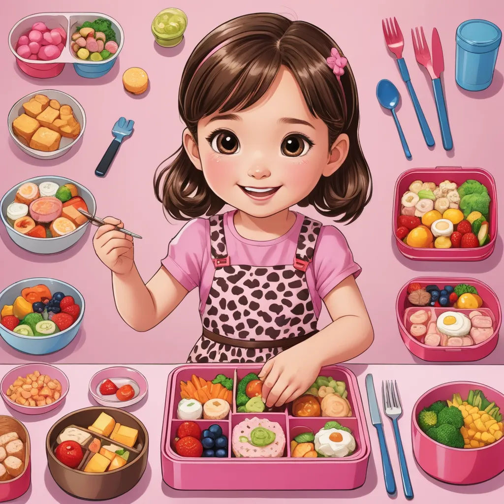 a little girl is eating a meal in a pink tray with a fork and knife in it and a pink tablecloth with a pink background, lyco art, a storybook illustration, Alice Prin, kawaii