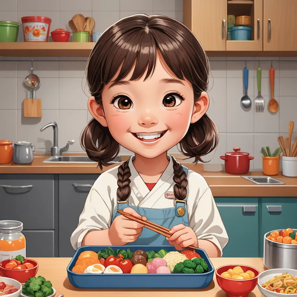 a girl is smiling while holding a tray of food in a kitchen with bowls of vegetables and a bowl of fruit, sots art, a character portrait, Byeon Sang-byeok, trending on art station