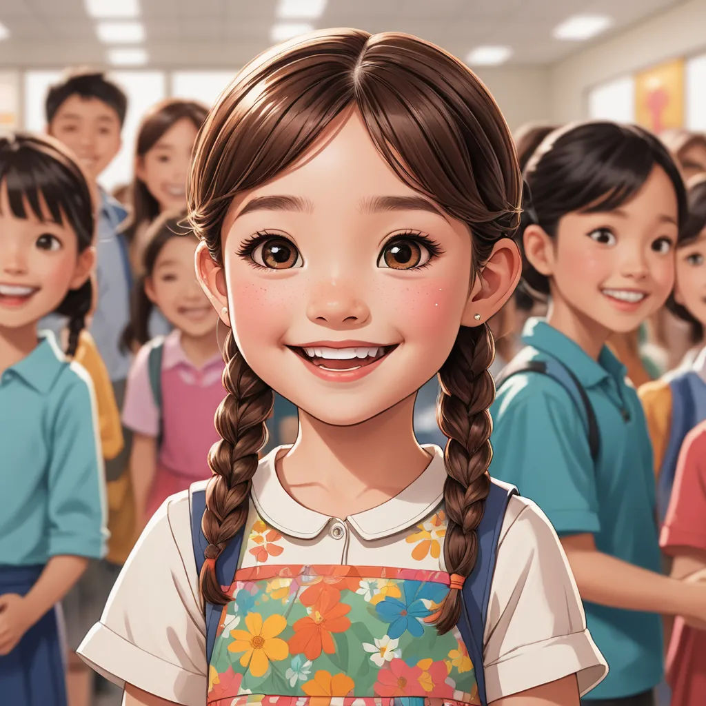 a cartoon girl with a group of children behind her in a classroom setting with a smiling face and a school uniform, paris school, a detailed painting, Chen Hong, cgstudio