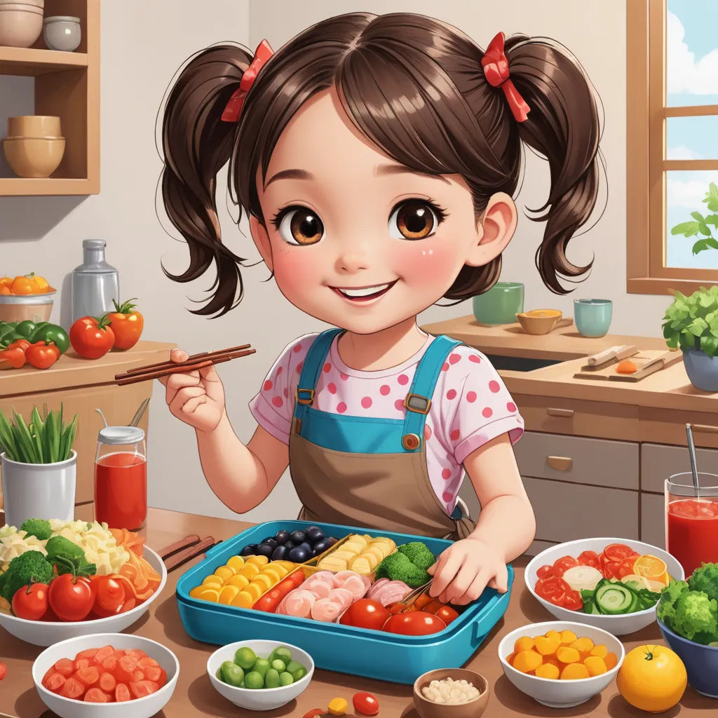 a girl is holding a spoon and a tray of food in front of her on a table with bowls of vegetables and fruit, photorealism, a storybook illustration, Chen Lin, trending on art station