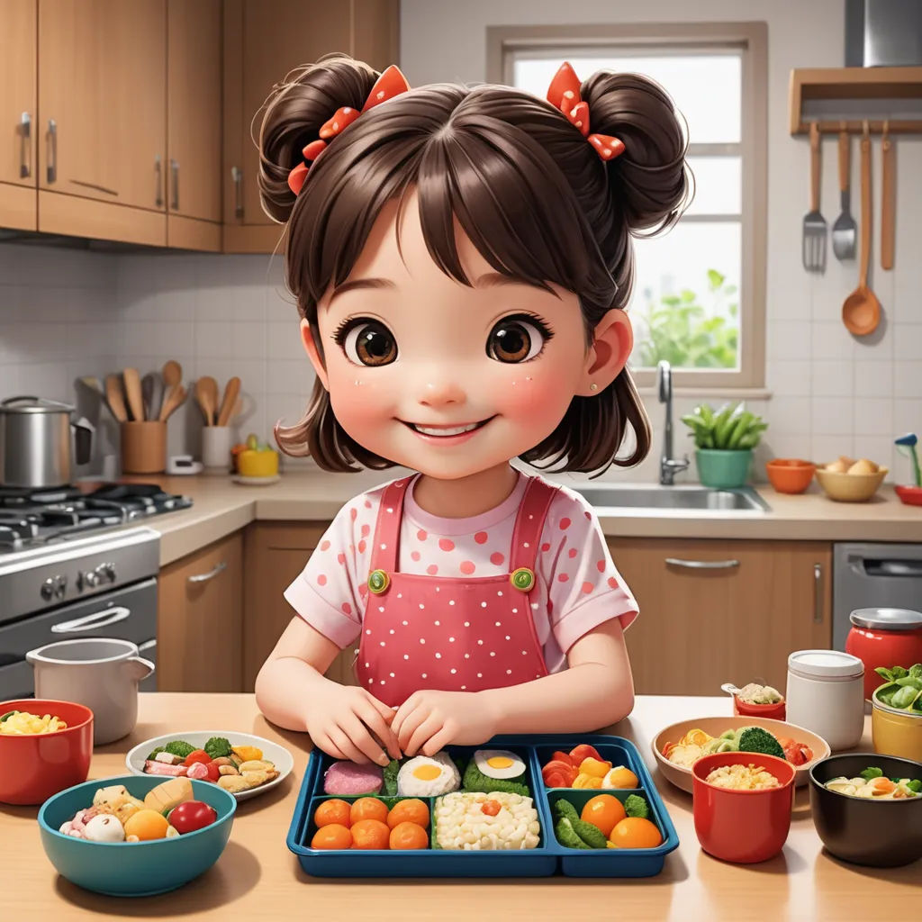 a cartoon girl is sitting at a kitchen table with a tray of food in front of her and a bowl of fruit in the background, photorealism, a photorealistic painting, Chen Lin, cgstudio