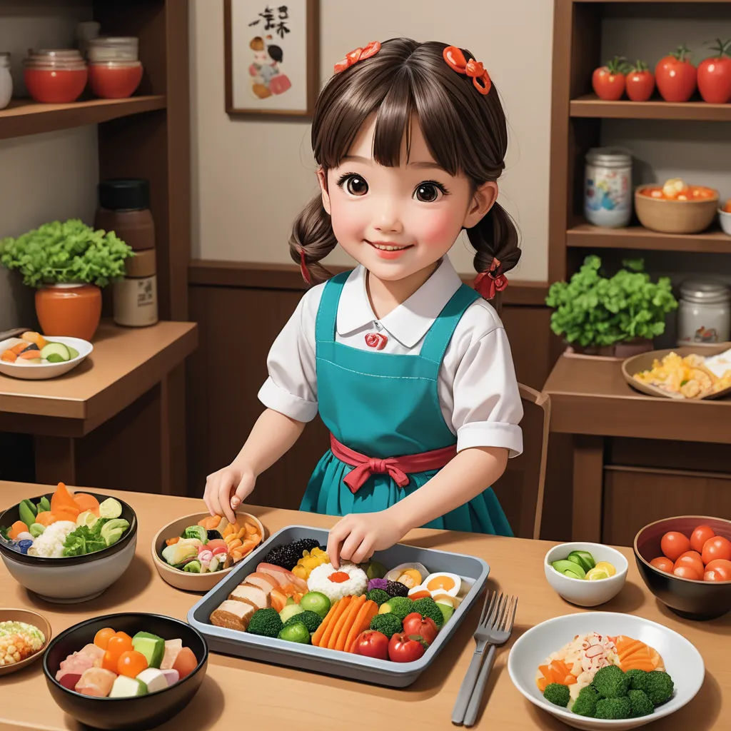 a little girl is standing in front of a tray of food and smiling at the camera while holding a fork, photorealism, a photorealistic painting, Alice Prin, cgstudio