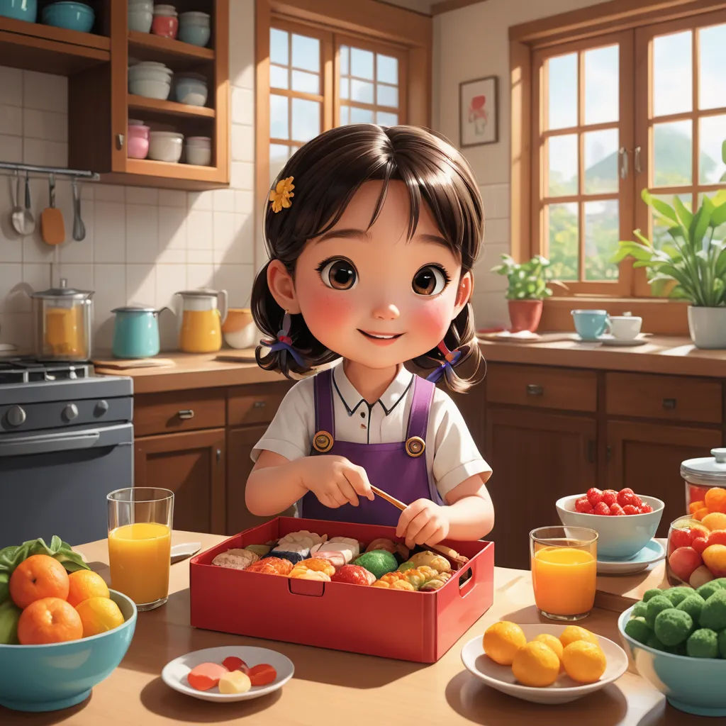 a little girl is eating a meal in a kitchen with a lot of fruit and vegetables on the table, photorealism, a storybook illustration, Chen Lin, cgstudio