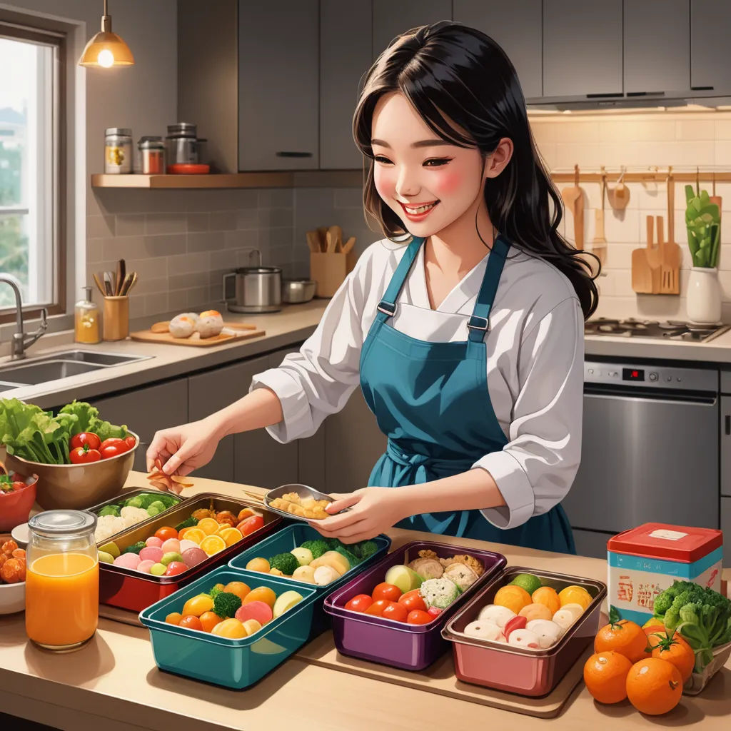 a woman in a kitchen preparing food on a counter top with a bowl of fruit and vegetables on the counter, photorealism, a photorealistic painting, Atey Ghailan, rossdraws global illumination