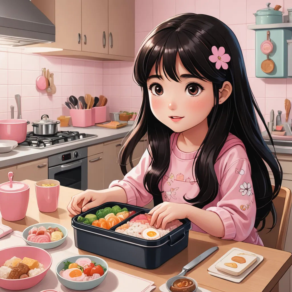 a girl is sitting at a table with a bento box of food in front of her and a bowl of vegetables in the background, photorealism, a stock photo, Alice Prin, anime art