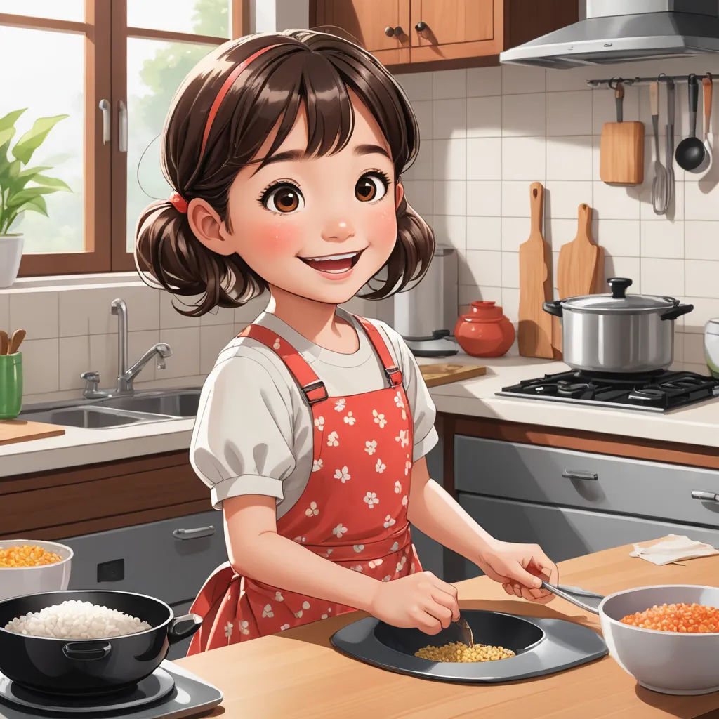 a girl is cooking in the kitchen with a wooden table and a pot of rice on the counter top, photorealism, a stock photo, Chen Lin, cgstudio
