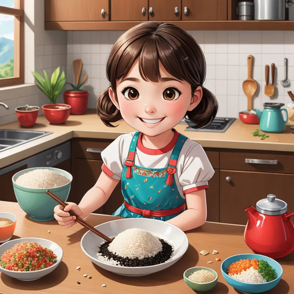 a girl is making rice in a kitchen with bowls and a tea kettle on the counter top and a pot and a tea kettle on the counter, socialist realism, a stock photo, Choi Buk, cgstudio