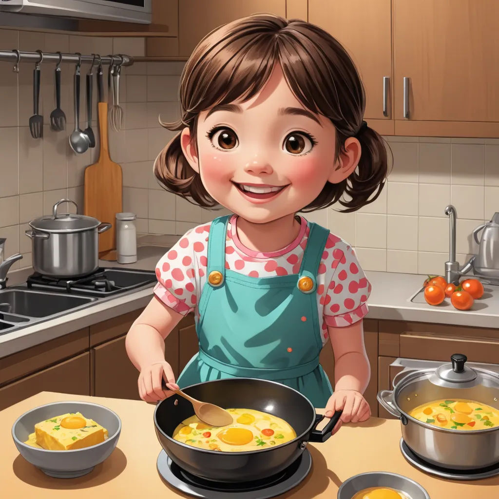 a cartoon girl cooking eggs in a pan on the kitchen counter top with other bowls and pans on the counter, photorealism, a storybook illustration, Byeon Sang-byeok, cgstudio